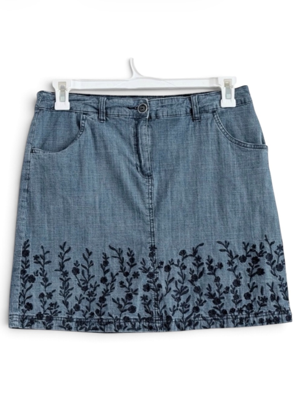 Karen Scott Floral Embroidered Chambray Skort Blue Cotton Stretch Mini Size 8